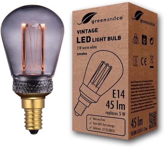 Vintage ledlamp met rookglas en zichtbare gloeidraad, E14-fitting, 2W warm wit.