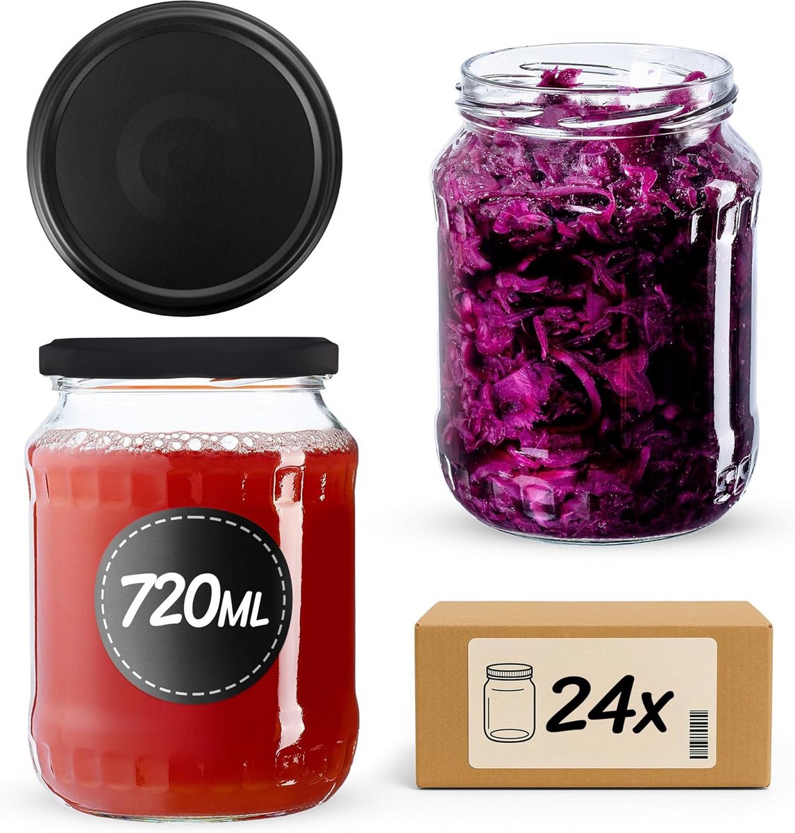 Set van 24 Bewaarpotten met Schroefdeksels, 720 ml, Ideaal voor Inmaken en Voedselopslag