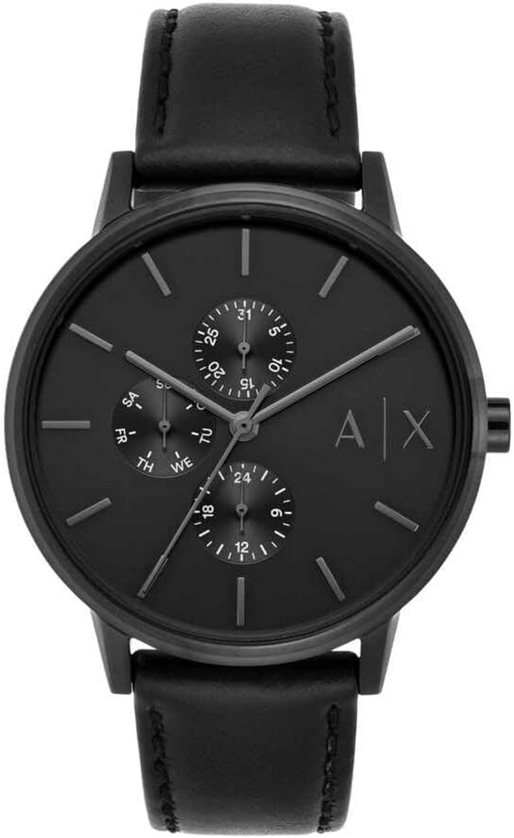 Multifunctioneel Herenhorloge Met Roestvrijstalen Kast en Zwarte Leren Band