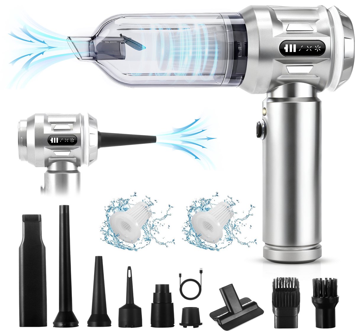 Glitzerlife - Handstofzuiger, Accu, Mini-Stofzuiger, Draadloos, 25000 Pa, Handstofzuiger, Sterk, 4-In-1 Autostofzuiger Met Borstelloze Motor, 3 Standen, DraagGlitzerlife -bare Stofzuiger Voor Auto - Zilver-Wit