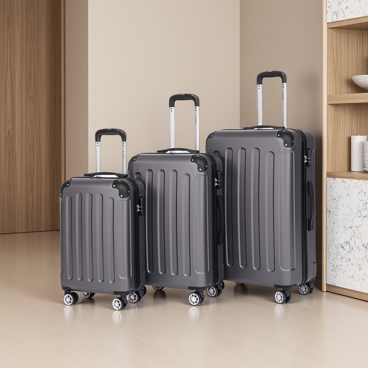 Bagageset 3-delig (55/66/76 cm) – Harde ABS Koffers – 4 x 360° Wielen – TSA Combinatieslot – Trolley Koffer Set _Donker grijs