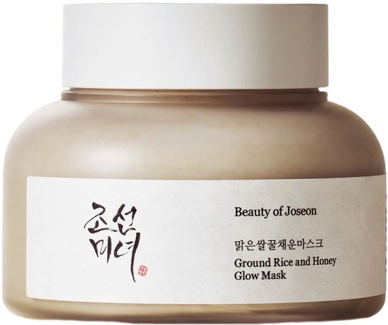 Pot met de 'Ground Rice and Honey Glow Mask' van Beauty of Joseon, met een mat beige omhulsel.