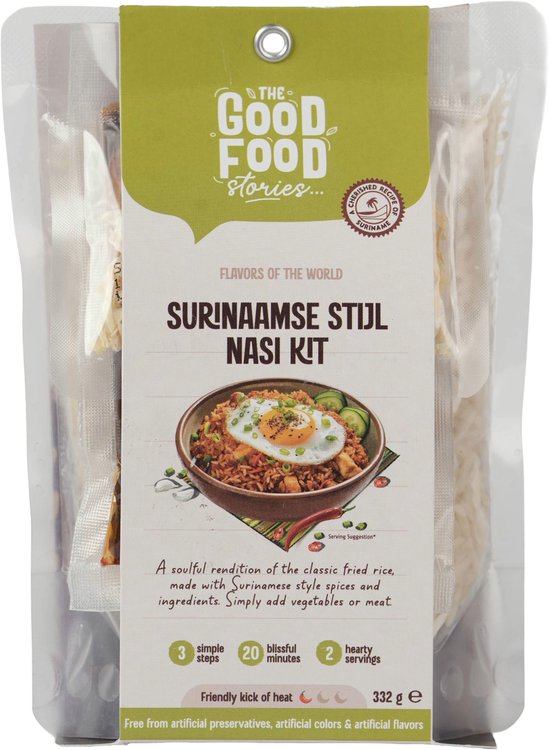 Verpakking van de Surinaamse nasi kit met afbeelding van nasi, met 3 simpele stappen, 20 minuten bereidingstijd en 2 porties.