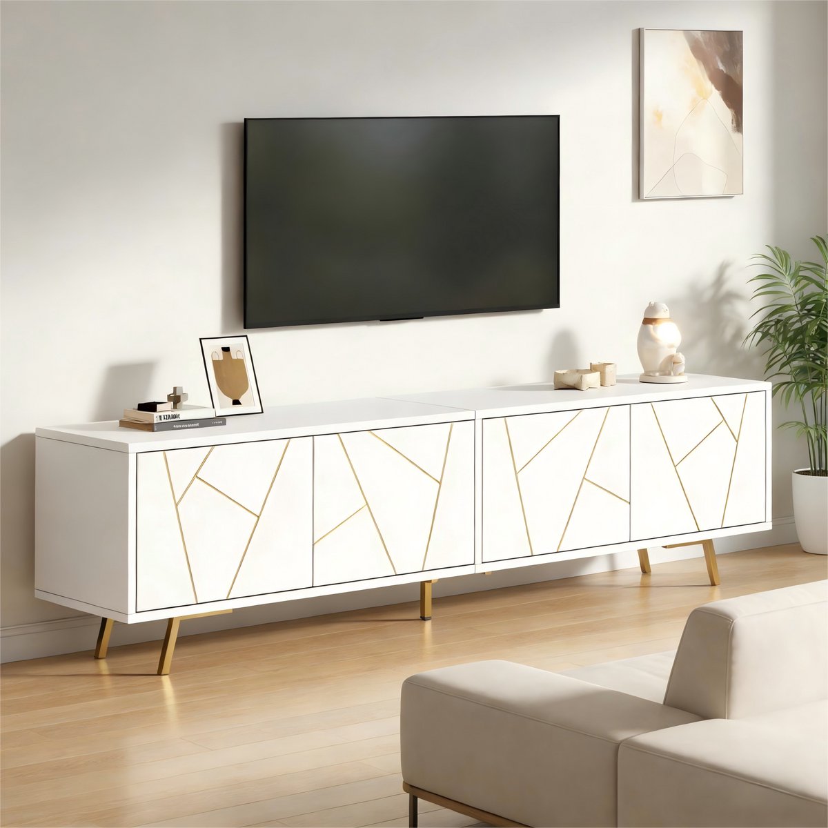 HAUSS SPOLE Tv Meubel - 4 Deuren En 8 Vakken Met Verstelbare Plank - Voor Woonkamer - Spaanplaat Wit Goud - 190x40x51,5 Cm
