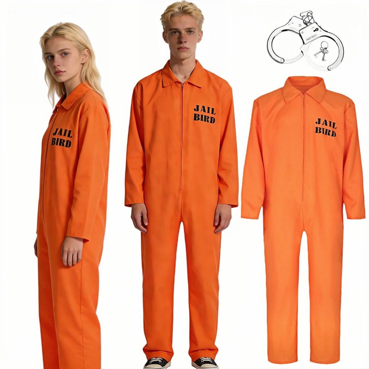 Gevangeniskostuum voor Heren Oranje Jumpsuit met Handboeien voor Carnaval en Feest