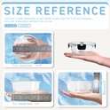 Bol en verre avec couvercle tenu dans une main. Les dimensions sont montrées avec des règles : 12.7cm, 10.16cm, 5.33cm. Texte "Size Reference".