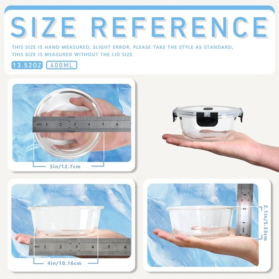 Bol en verre avec couvercle tenu dans une main. Les dimensions sont montrées avec des règles : 12.7cm, 10.16cm, 5.33cm. Texte "Size Reference".