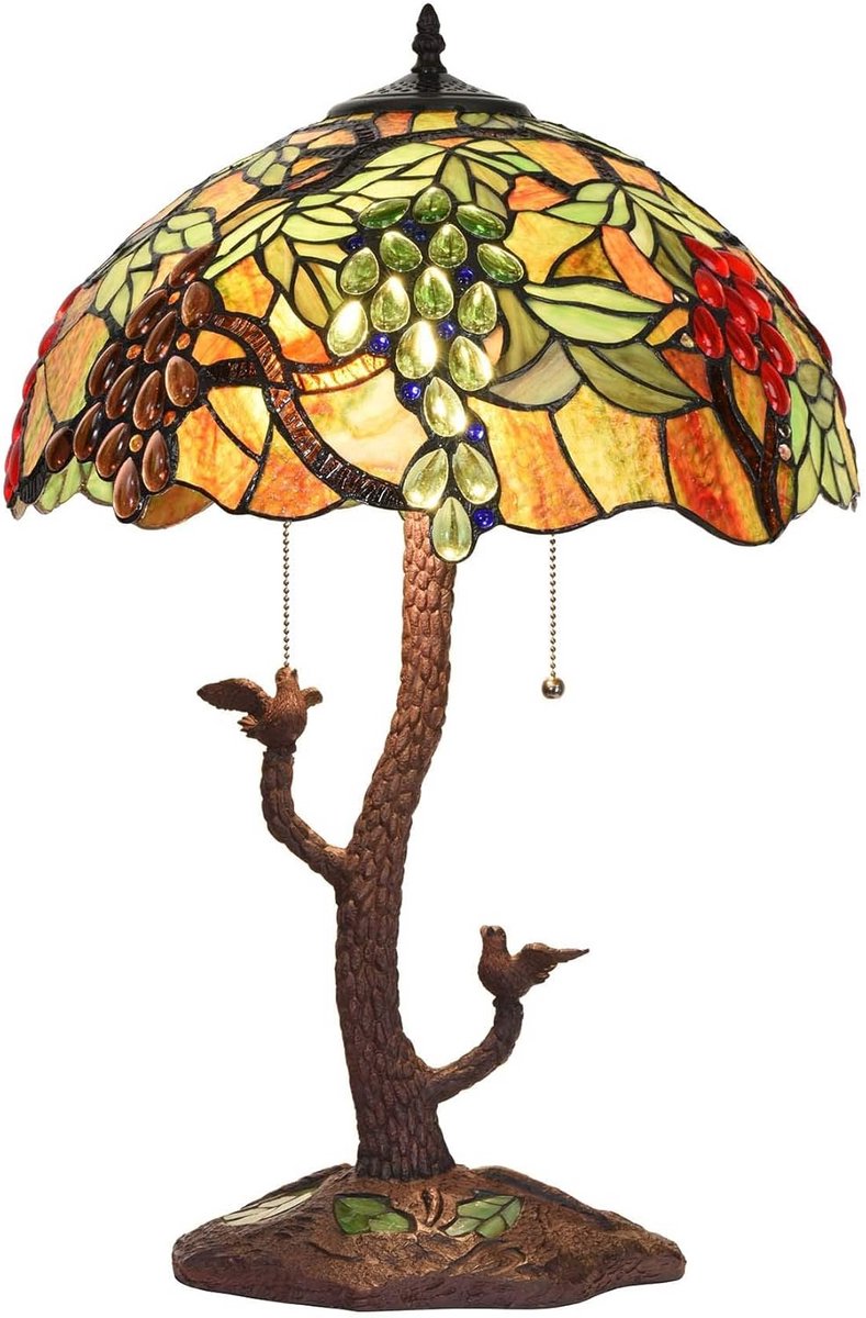 Tafellamp met Druiven Glas in Lood Stijl en Boomstamvoet