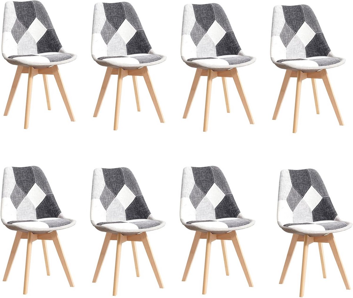 Set van 8 Stoffen Eetkamerstoelen Scandinavisch Design met Beukenhouten Poten