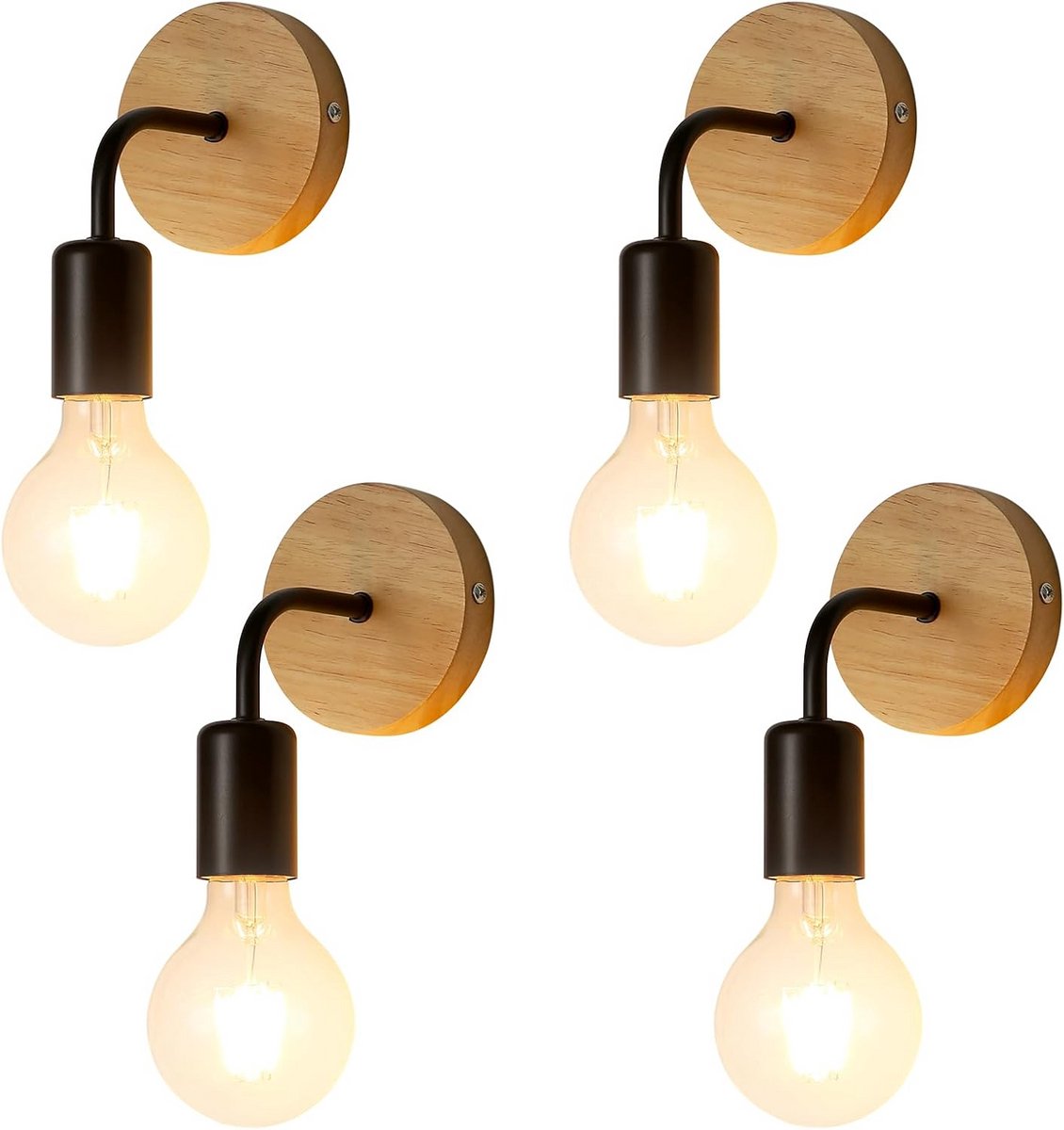 Industriële Wandlampen Set van 4 Zwart Hout en IJzer