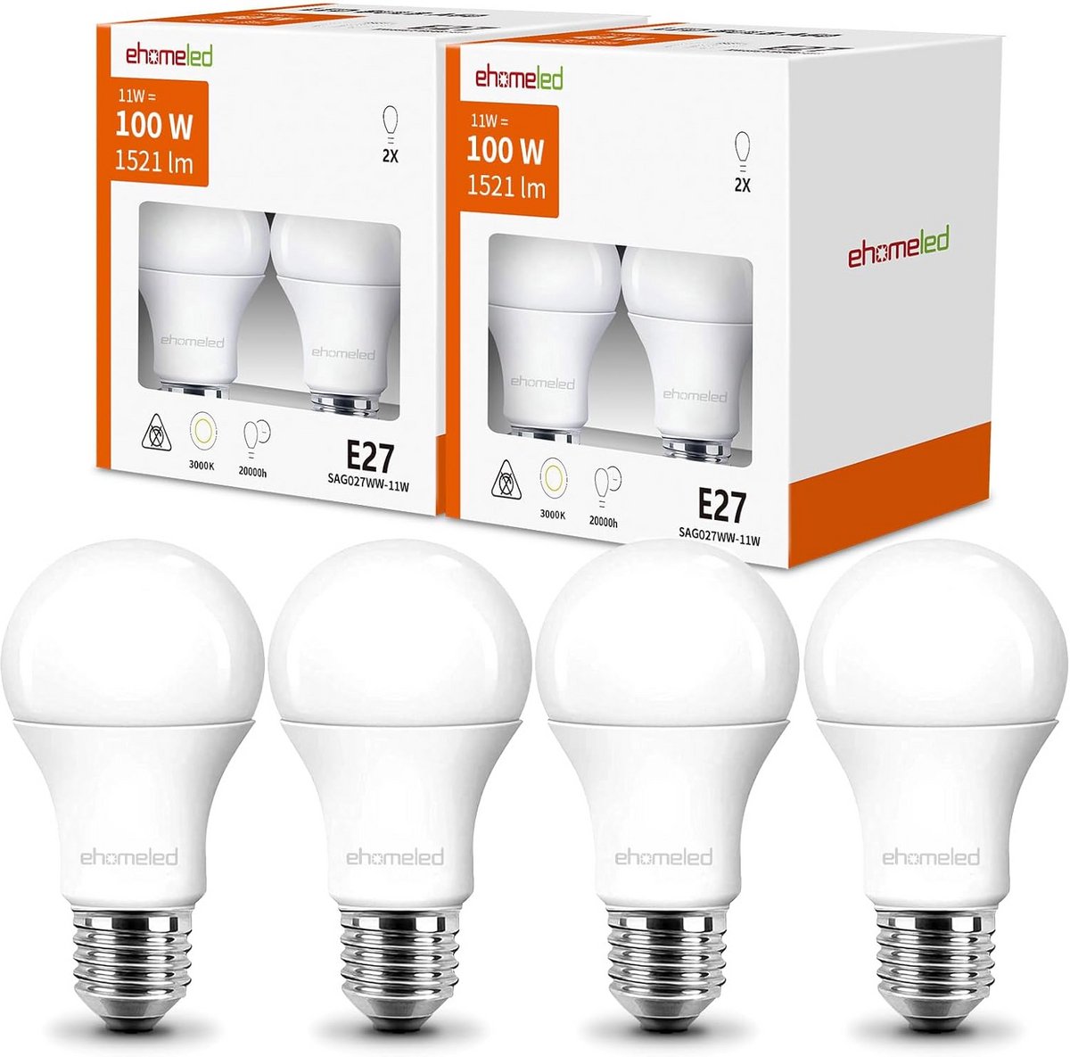 E27 LED Lampen 11W Warm Wit 3000K Equivalent 100W Set van 4