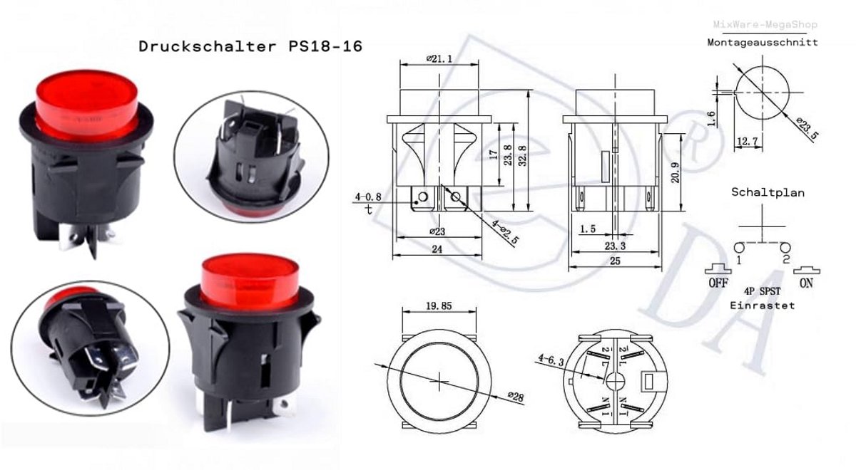 Inbouw Drukschakelaar Rood Verlicht 250V 16A met Platte Stekker