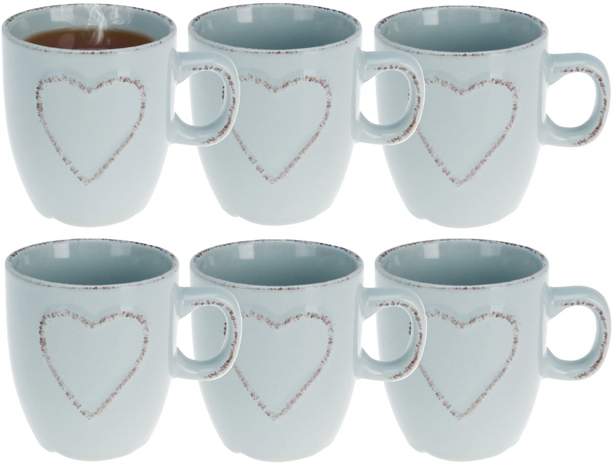 Siaki Koffiemokken set Heart - 8x - lichtblauw - 150 ml - mokken - met tekst - keramiek - giftset