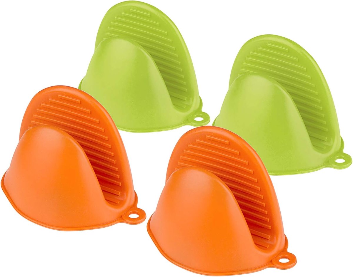 4 Stuks Silicone Ovenwanten - Hittebestendige Mini Keukenhandschoenen - Siliconen Pothouders voor Koken en Bakken (Groen + Oranje)