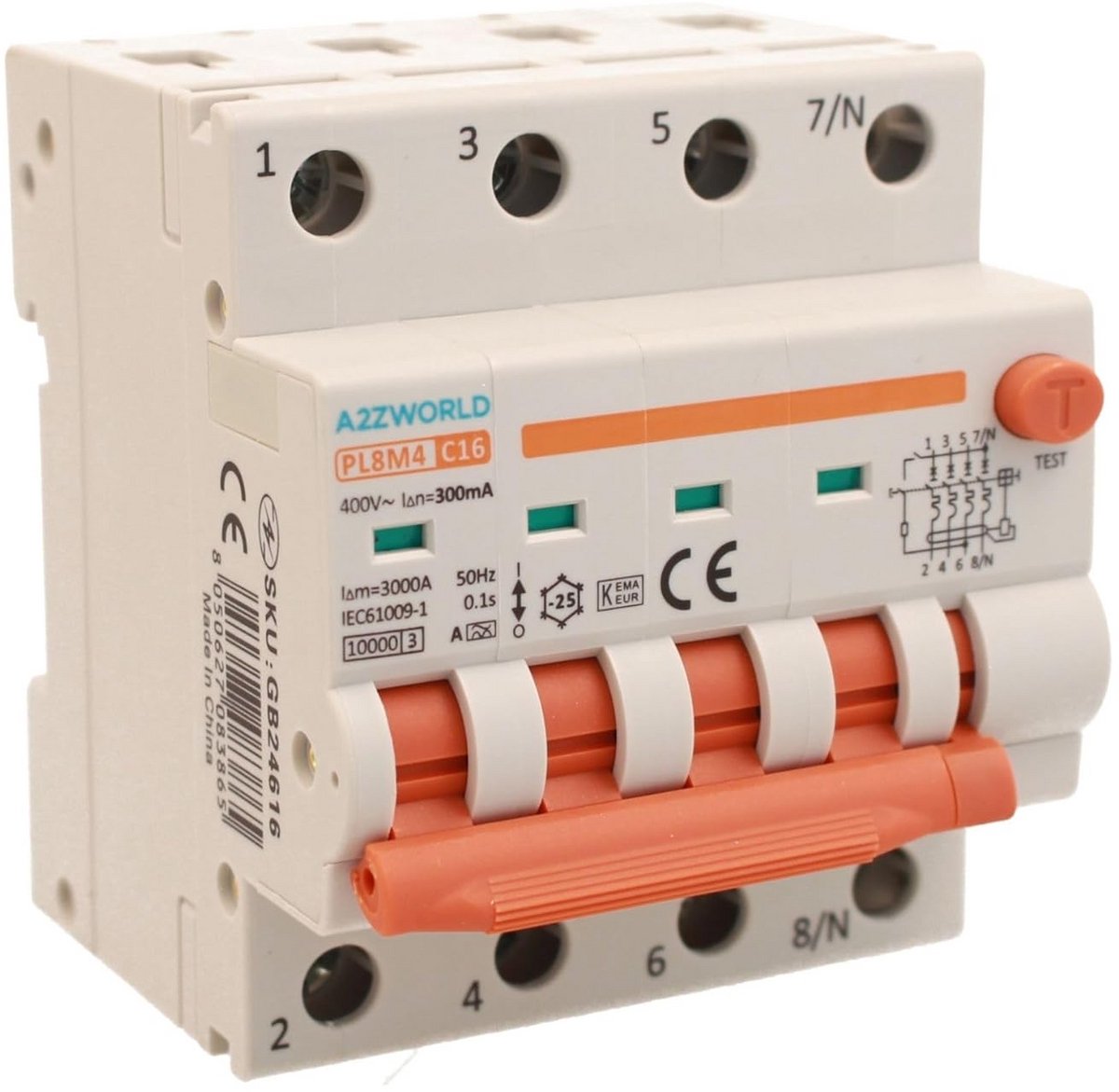 Driefasige RCBO Stroomonderbreker 16A C-curve 300mA Type A