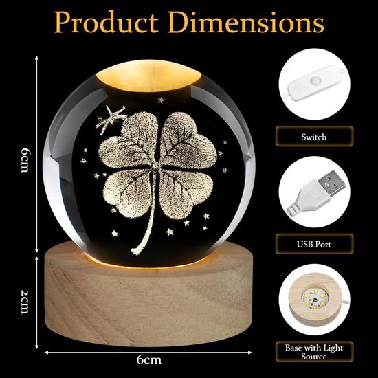 Nachtlampje - 3D kristallen bol lamp - Klavertje vier - Glazen bol - Houten voet - LED verlichting - USB interface - Huisdecoratie ornament - Verjaardagscadeau - 8*7*7cm van Merkloos — afbeelding 2