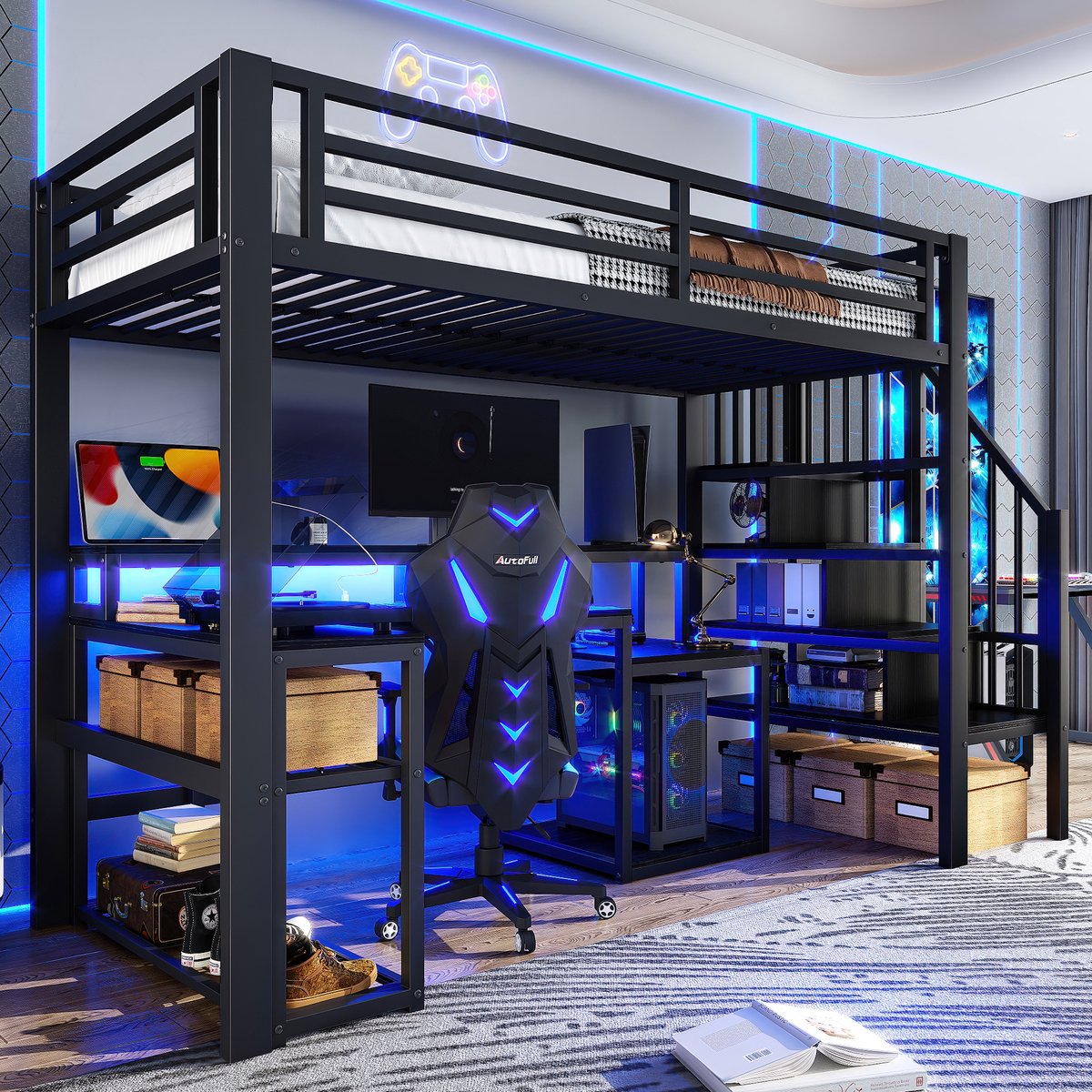 Hoogslaper, 90 x 200 cm, Ijzeren Frame, Opbergvak, Trap met Opbergruimte, Veiligheidsleuning, met Led-lichtstrip, Bureau, met USB-poort, Zonder Matras, Zwart