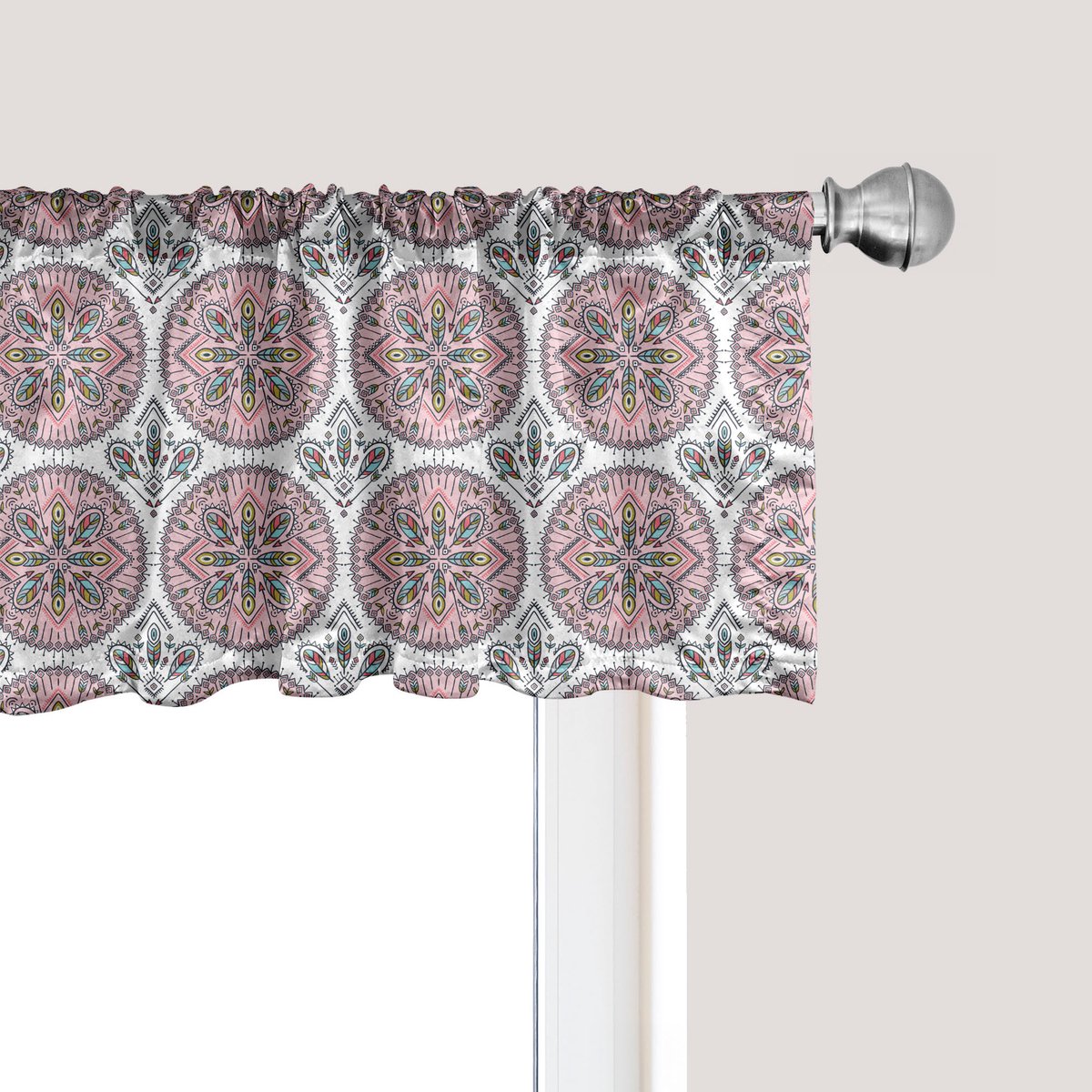 ABAKUHAUS Abstracte raamvalance, gordijnvalance voor keuken en slaapkamer met tunnelzoom, 137 cm x 30 cm, roze en veelkleurig