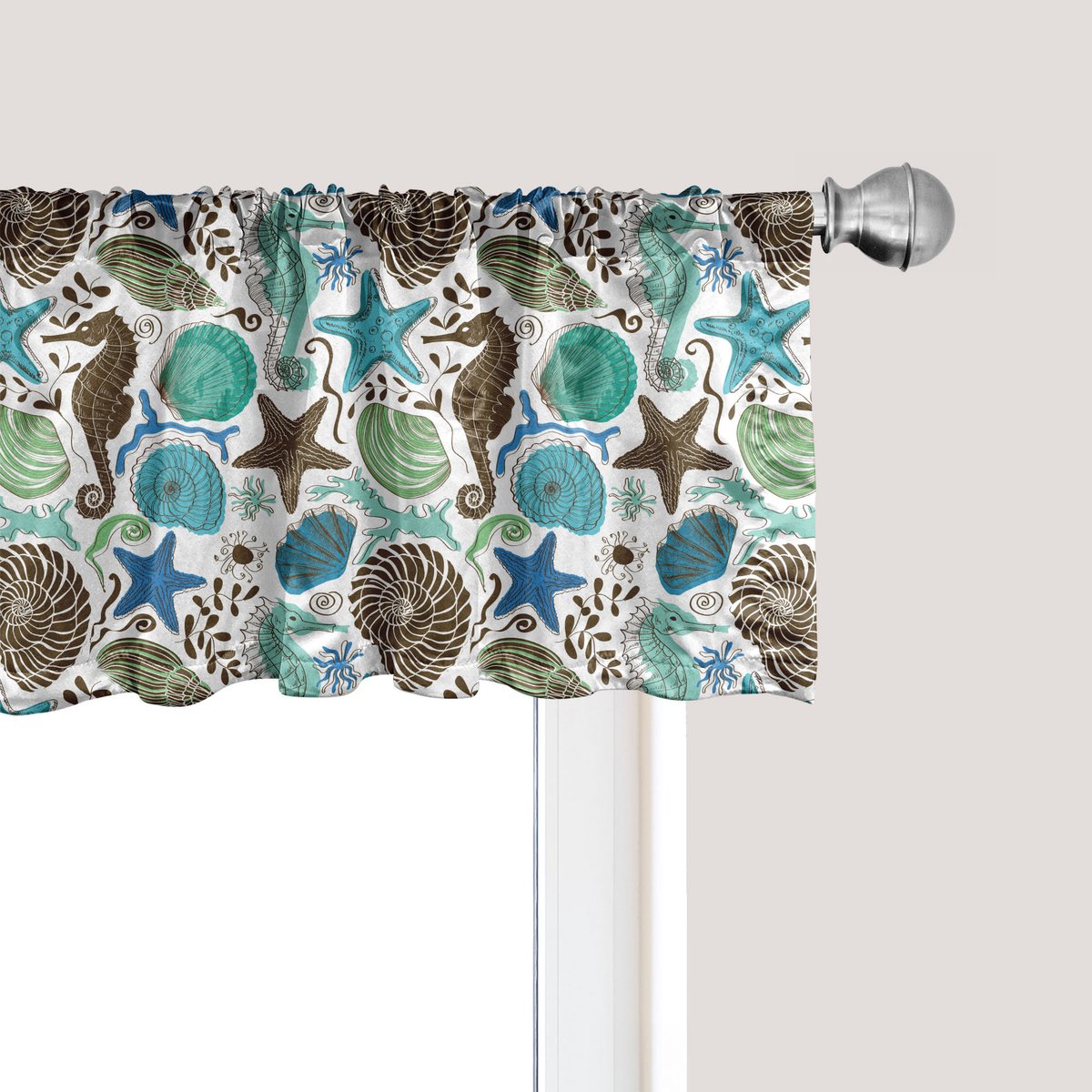 ABAKUHAUS Zeeschelpen Raamvalletje, Gordijnvalletje voor Keuken en Slaapkamer met Tunnelzoom, 137 cm x 30 cm, Zeegroen Bruin Blauw