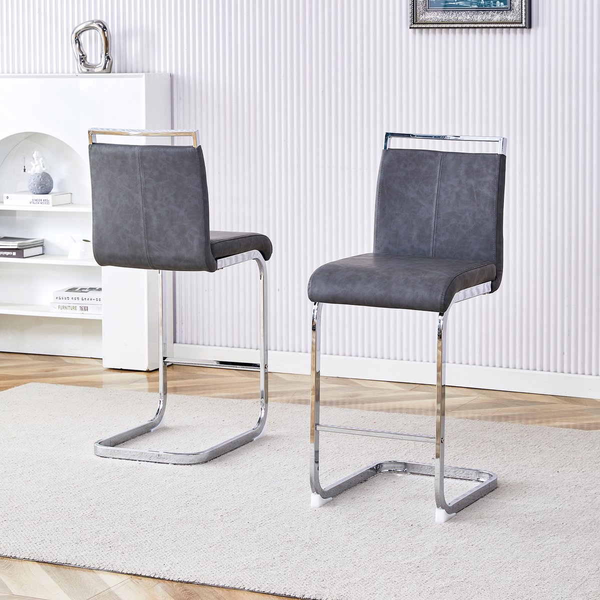 HAUSS SPOLE Barkruk – Scandinavische Barkrukken – Set Van 2 – Comfortabele Zitting Met Voetsteun – Voor Keuken En Bar – Metaal En Kunstleer – Donkergrijs