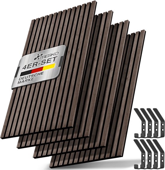 Set de 4 panneaux à lamelles en bois brun foncé avec logo métallique Tresko 4er-set et 8 patères noires.