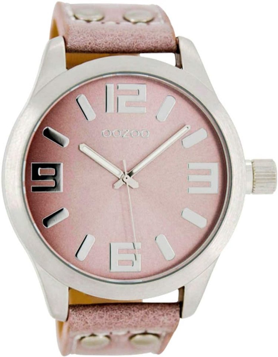 Dameshorloge met brede zilveren kast en grijs-roze leren band