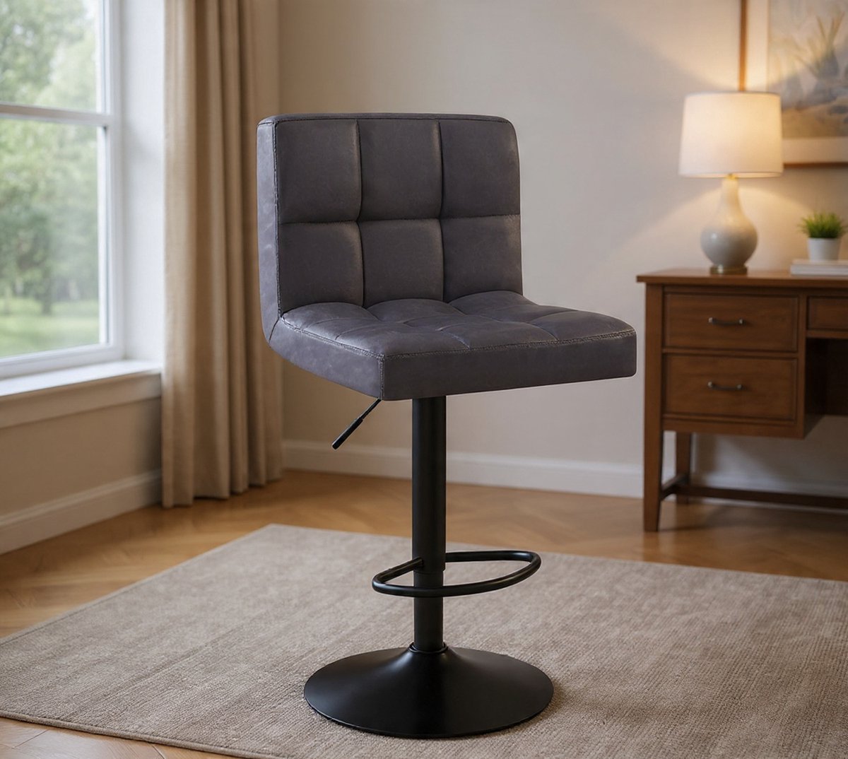 Moderne Faux Leather Barkrukken Set van 2 – Hoogte Verstelbaar 60-82 cm – 360° Draaibaar – Anthraciet Lederen Barstoelen met Metalen Frame – Keuken- & Home Bar Krukken-Casa Serena – 82 cm – Casa Do...