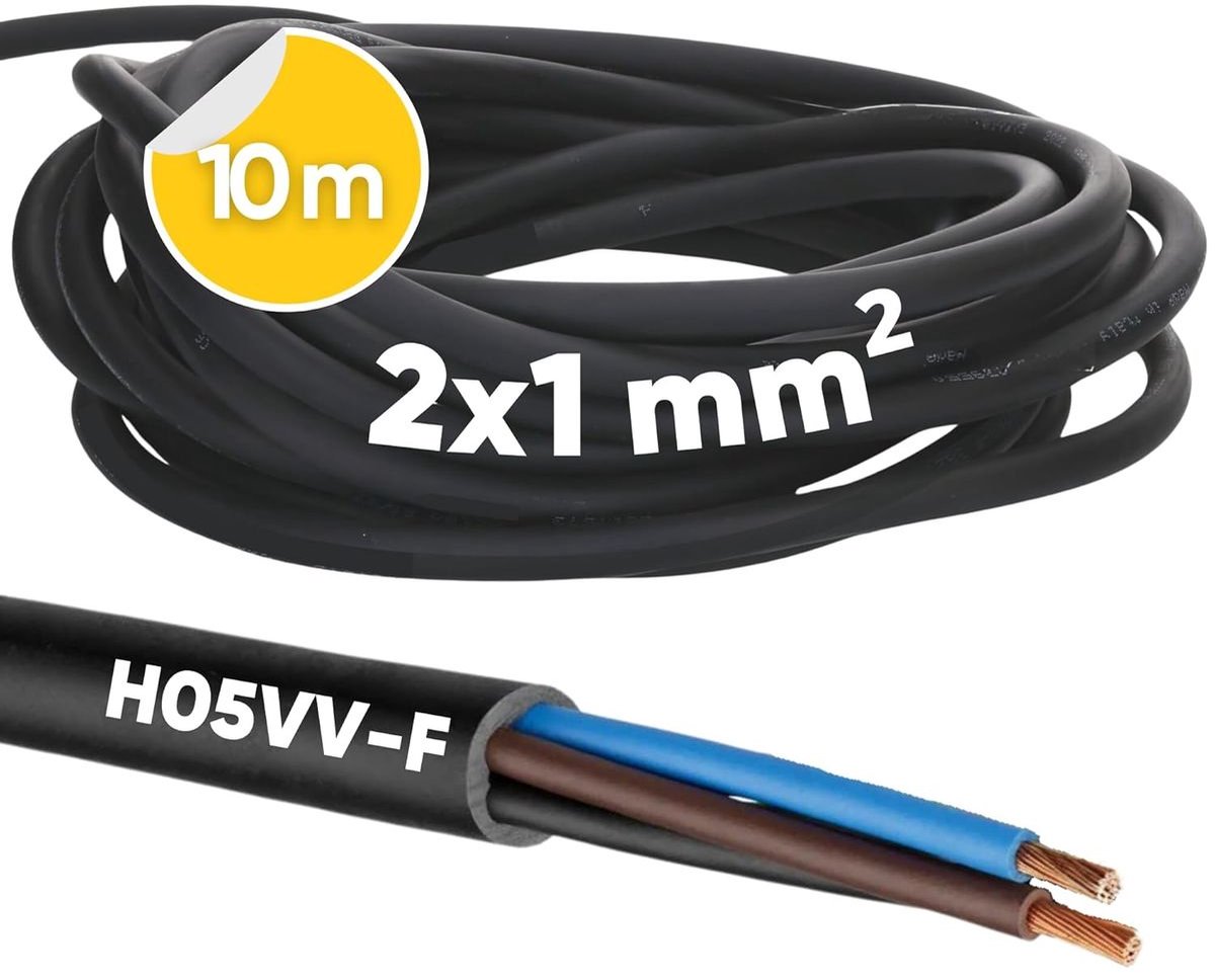 10 meter Kalitec H05VV-F flexibele kabel 2x1 mm² | Stroomkabel zonder beschermingsgeleider | PVC-kabel voor binnengebruik | Zwarte elektrische kabel | Flexibele lampkabel | 2-aderige apparaatkabel