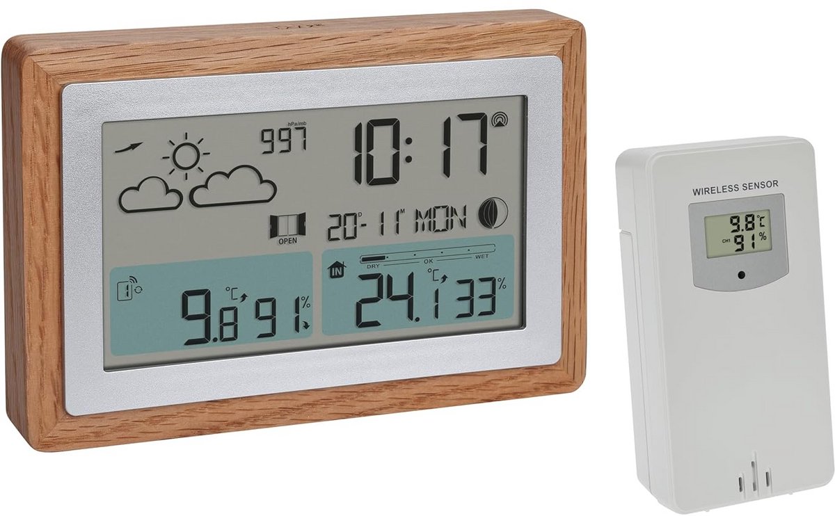 Radiografisch weerstation met buitensensor voor weersvoorspelling en temperatuur met houten frame