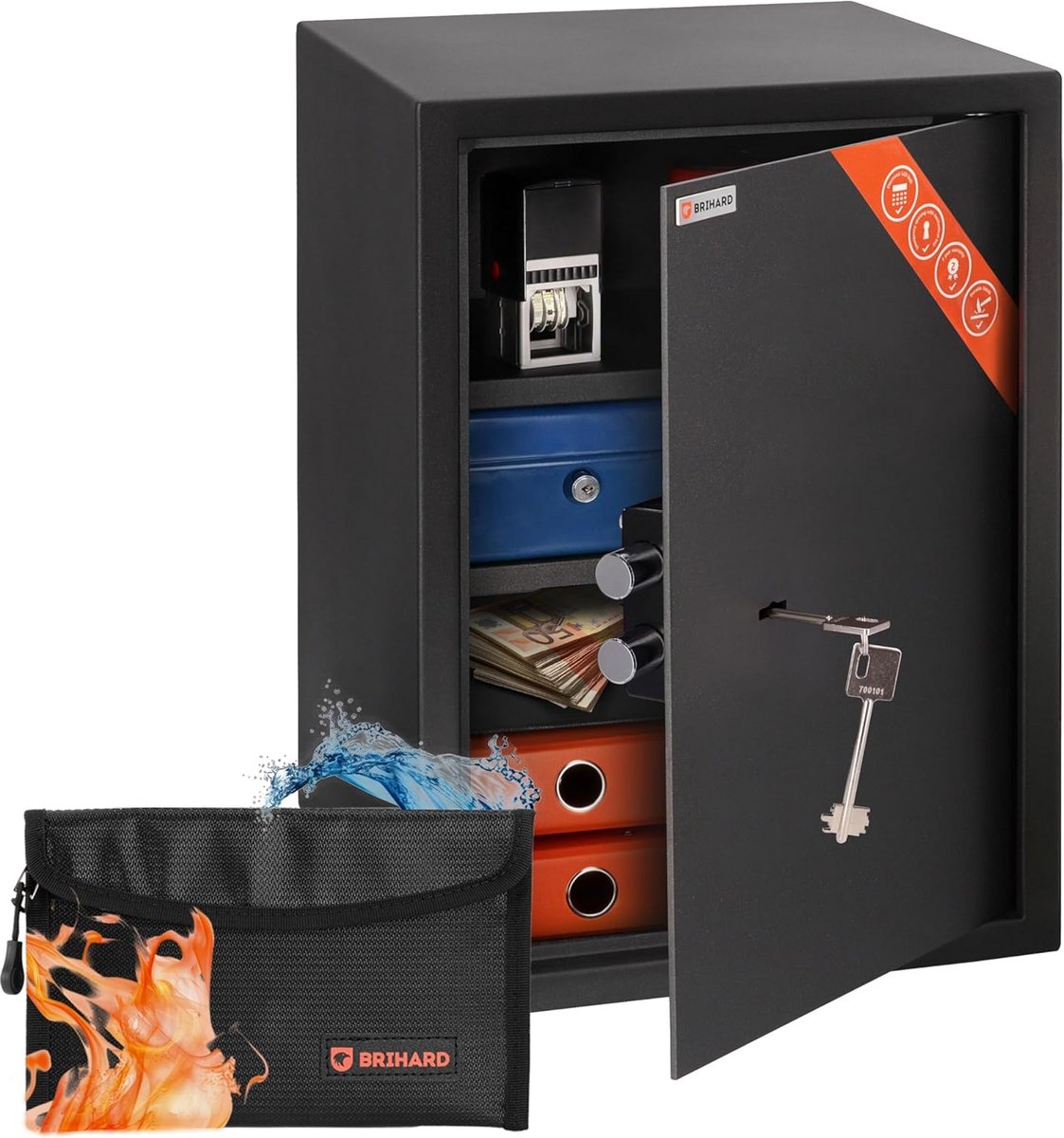 Grote Zware Kluis 60L met Sleutelslot voor Documenten A4 en Brandwerende Zak - Veilig Opbergen Geld en Sieraden