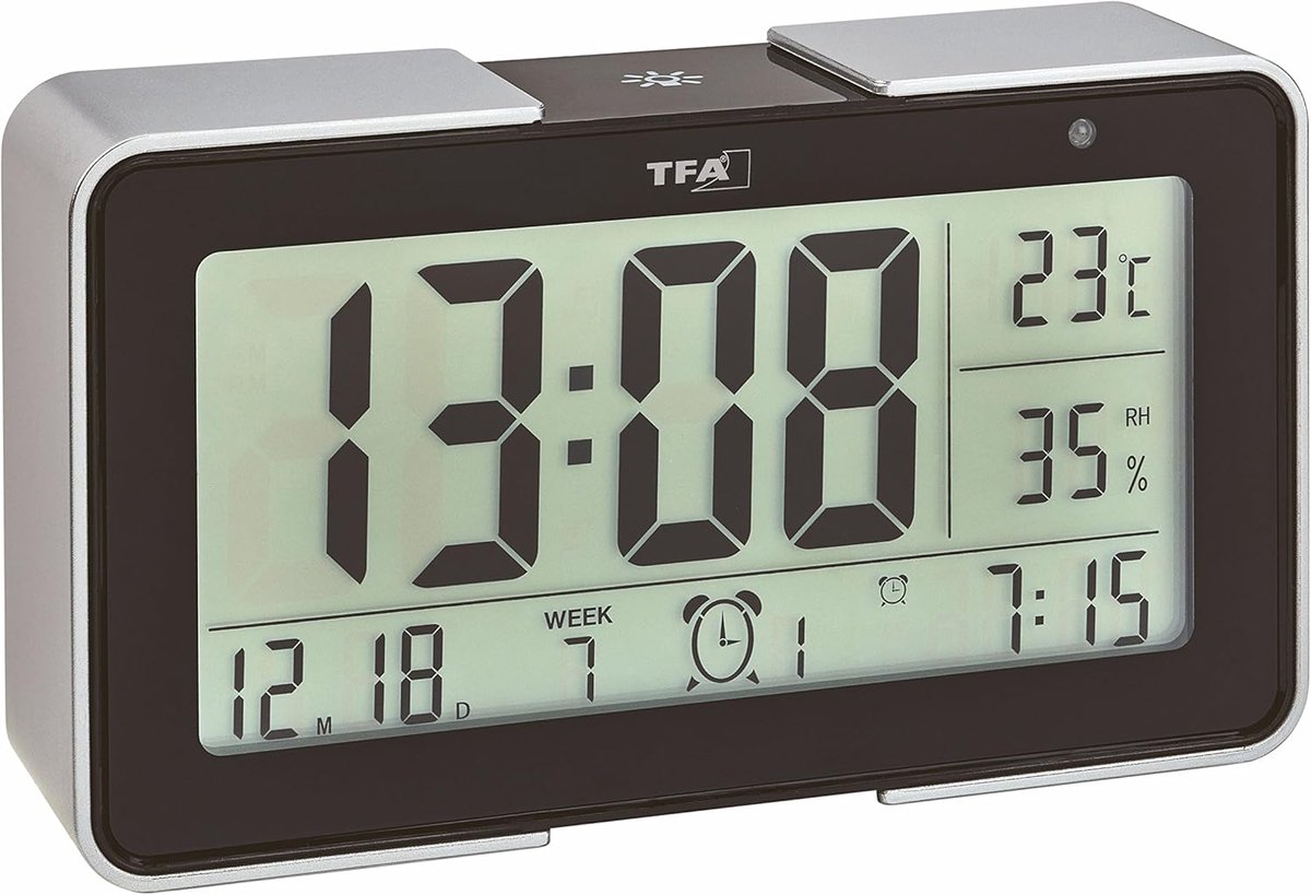 Digitale wekker - Radiogestuurde klok - Nauwkeurig wakker worden - 25 verschillende alarmgeluiden - 14 x 14 cm - Zwart/zilver