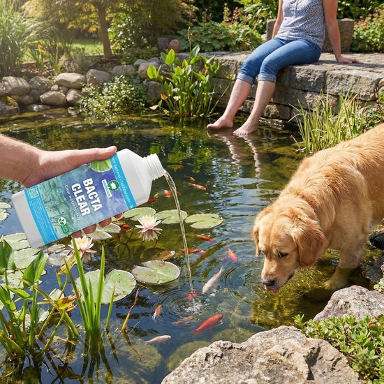 Een gouden retriever drinkt water uit een vijver terwijl een fles 'BACTA CLEAR' wordt geleegd. Een vrouw zit op de rand.