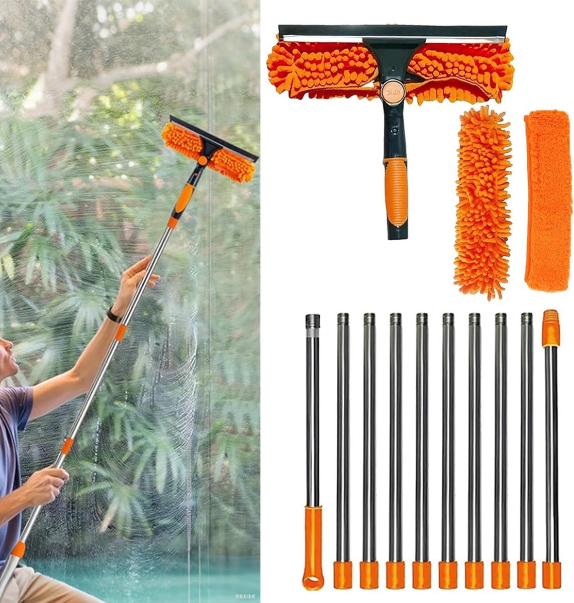 Raamreinigingskit - Uitschuifbare Raamwisser - Hoge Ramen Reinigen - 2-in-1 Microvezel Rakel - 45 meter - Oranje
