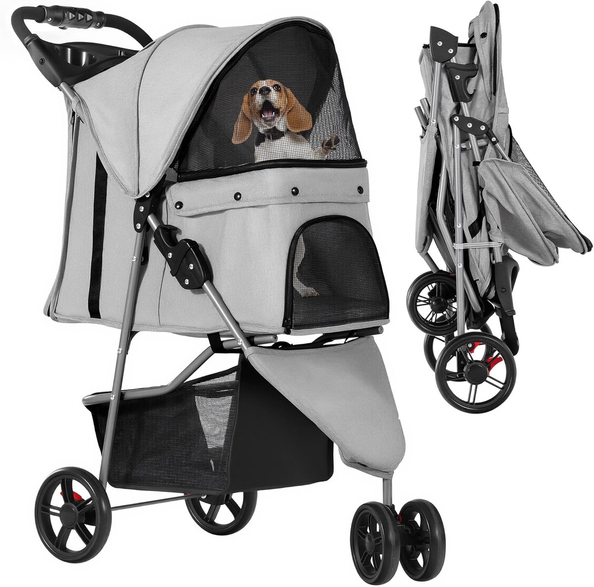 Opvouwbare Hondenwagen - Kattenbuggy Dierenwagen - Comfortabel Vervoer Huisdier - 3 Wielen Remmen - Max 15KG - Lichtgrijs
