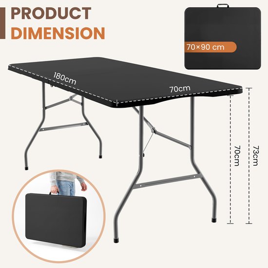 xDays Inklapbare Tafel - Zwart - Set van 2 - 180x70x73 cm - Klaptafel - Vouwtafel - Campingtafel - Opvouwbaar tot Koffer met Handvat - Weerbestendig - 6 tot 8 Personen - Partytafel - Buffettafel - Binnen & Buiten van Merkloos — afbeelding 2