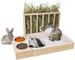 Hooivoerbak met bakken - Voerstation voor knaagdieren - Voeding voor kleine dieren - 3-in-1 ontwerp - 38x28x16 cm - Natuurlijk hout