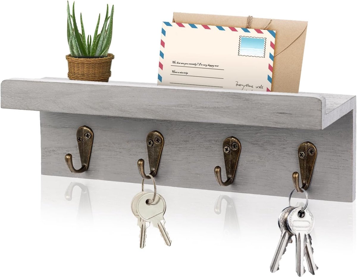 Rustieke sleutelhouder - Wandplank organizer - Entree opruimen - Met 4 haken - 25x8x7 cm - Grijs