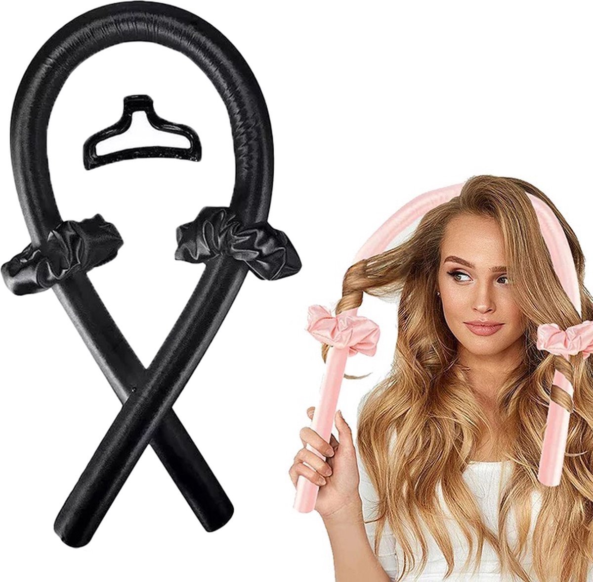 Jumada's Heatless curls – Satijnen haarkruller – Zwart – Incl. 2 Scrunchies en Haarclip – Heatless haarkruller – Krultang - Haarkruller zonder hitte - Heatless curling ribbon – Haarkrullers
