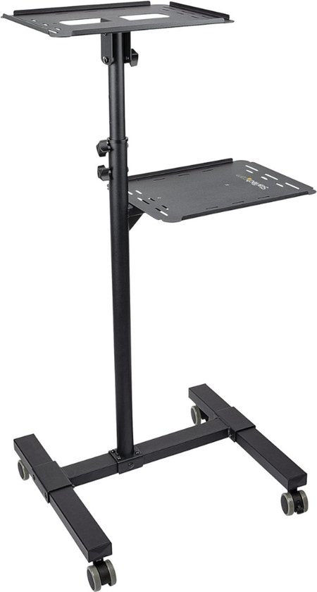 Beamer statief zwart met wieltjes, verstelbaar, 2 schappen voor projector en laptop, mobiel en stevig