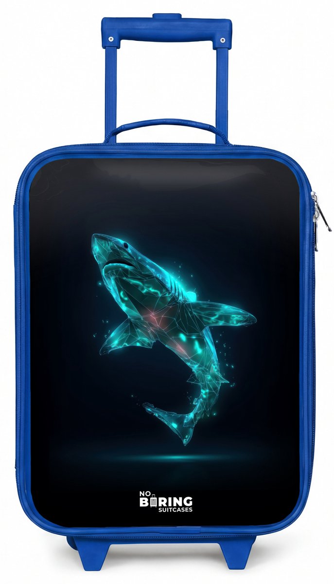 NoBoringSuitcases.com® - Kinderkoffer blauw - Kindertrolley jongen - Digitale haaienkracht - Koffer kind lichtgewicht - Reiskoffer trolley voor kinderen - Koffertje met lichtgevende wieltjes - Rolkoffer