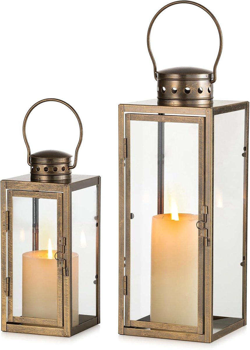 Decoratieve Lantaarn - Sfeerverlichting Kaarsenhouder - Buiten Binnen Gebruik - Stevig Metaal Glas - 35cm Hoog - Goud Verweerd