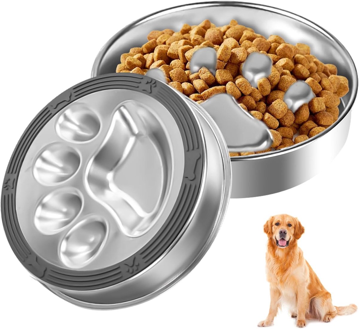 Antischrokbak - Langzaam Eten Kom - Gezond Voeden - Antislip Siliconen Mat - 22 cm - Zilver