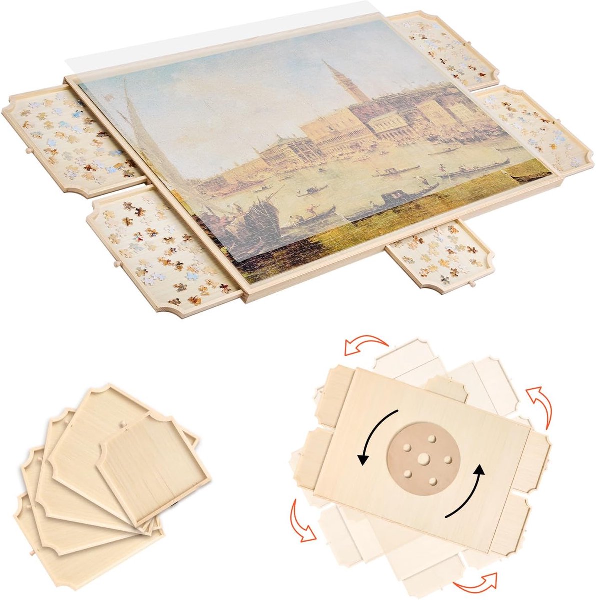 Puzzelbord met Laden - Puzzel Organizer - Puzzels Maken - Draaibaar met Deksel - 2000 Stukken - Natuurlijk Hout
