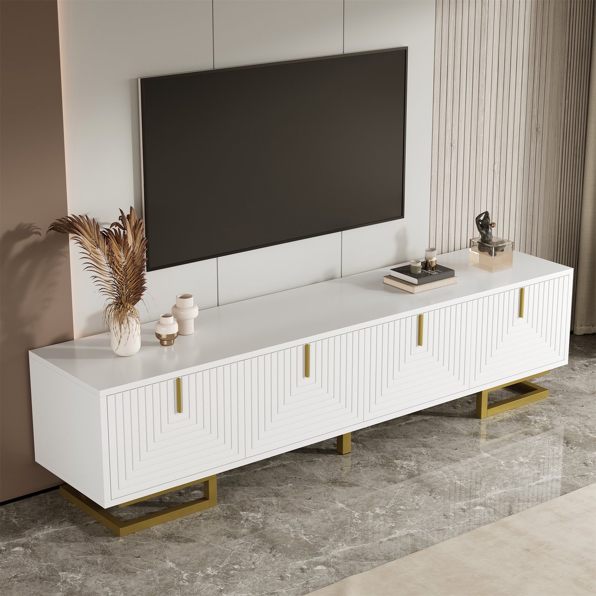 MODENUIT Tv-meubel - 4 Deuren Met Opbergruimte - Voor Woonkamer - Wit Spaanplaat Met Goud - 160x38x44,5 Cm