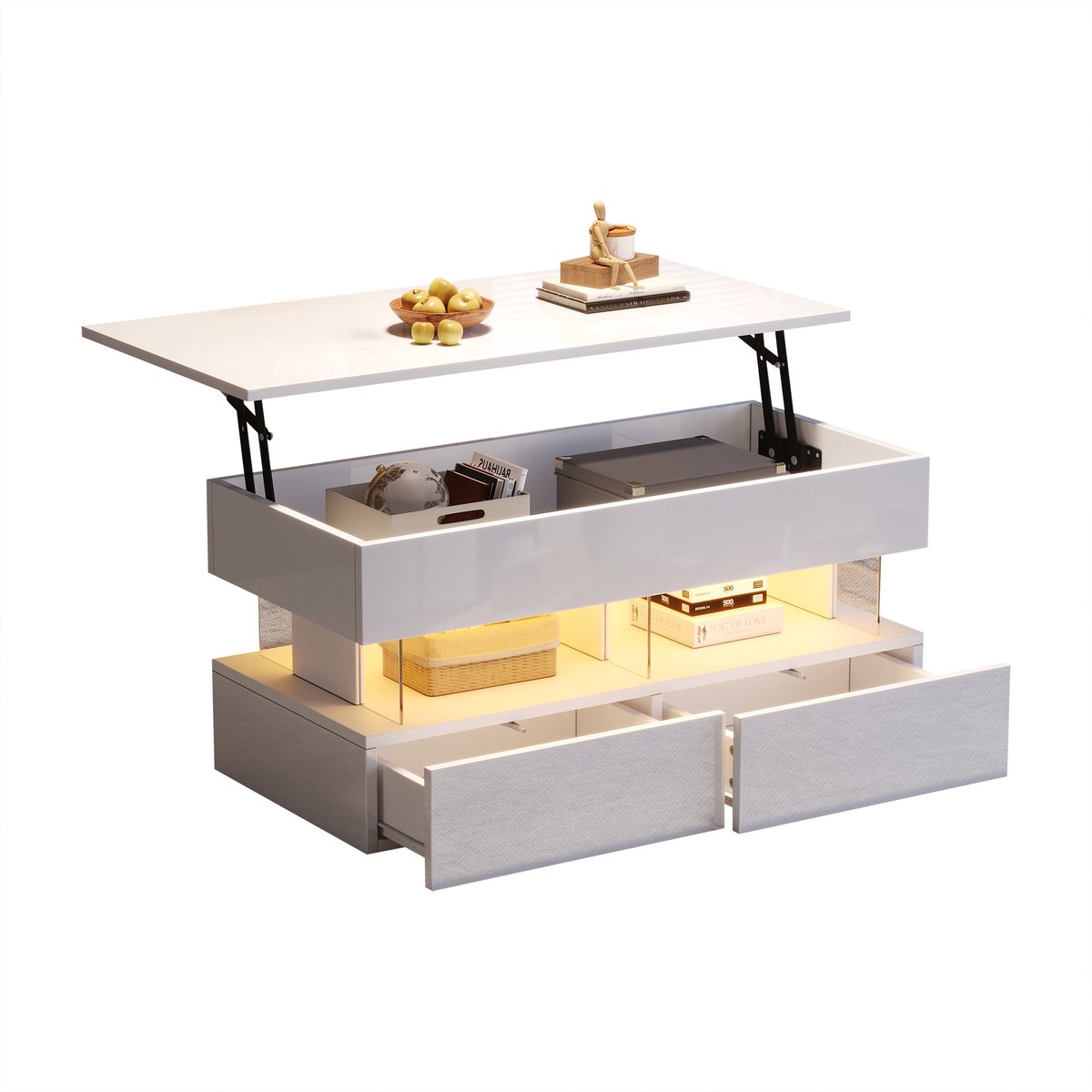 Merax Salontafel met Liftfunctie en LED – Hoogglans Witte Salontafel met Opbergruimte en 2 Lades – Moderne Koffietafel 100x50x46 cm