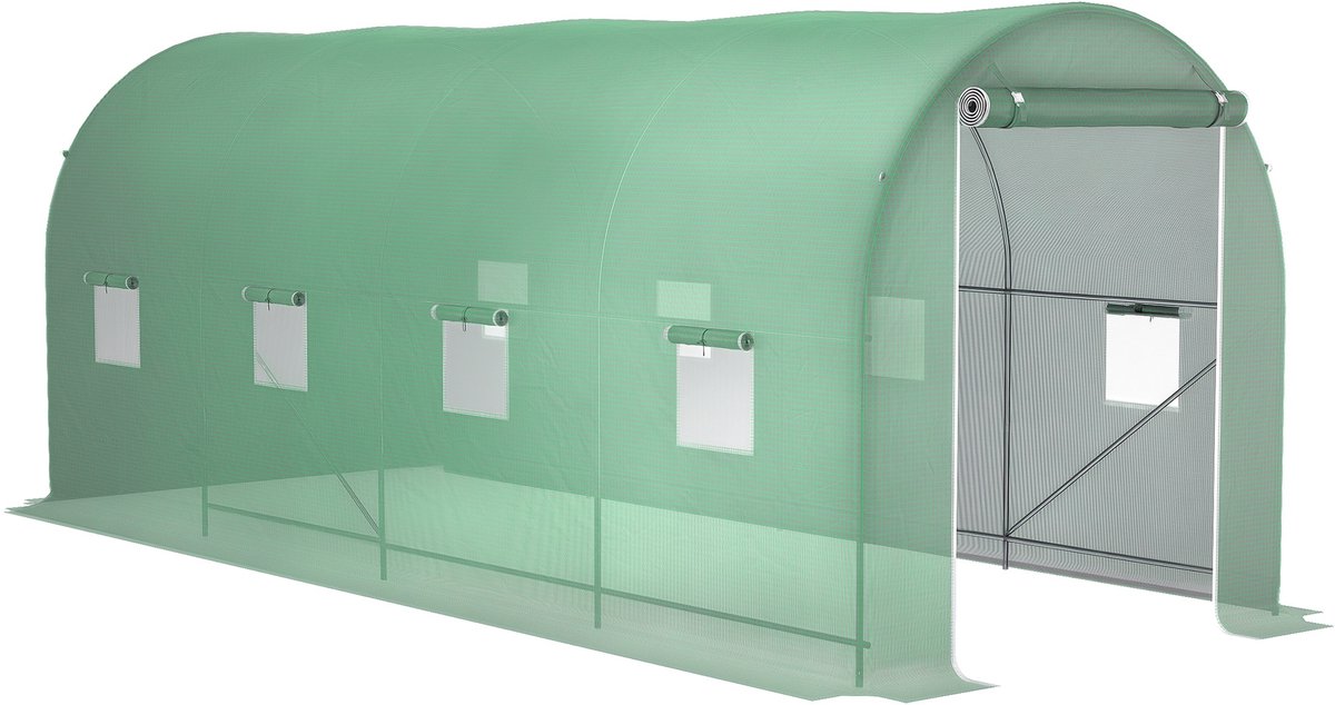 Killogood Tuin Tunnelkas Grondoppervlak 10 m² 5L x 2l x 2.05H m versterkt buizenframe ritssluiting deur 8 oprolbare ramen groen