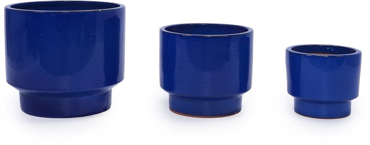 3-delige handgemaakte keramische bloempotten set (Ø 38,1/30,5/22,9 cm) – blauwgroen glazuur – met afwateringsgat – voor binnen en buiten
