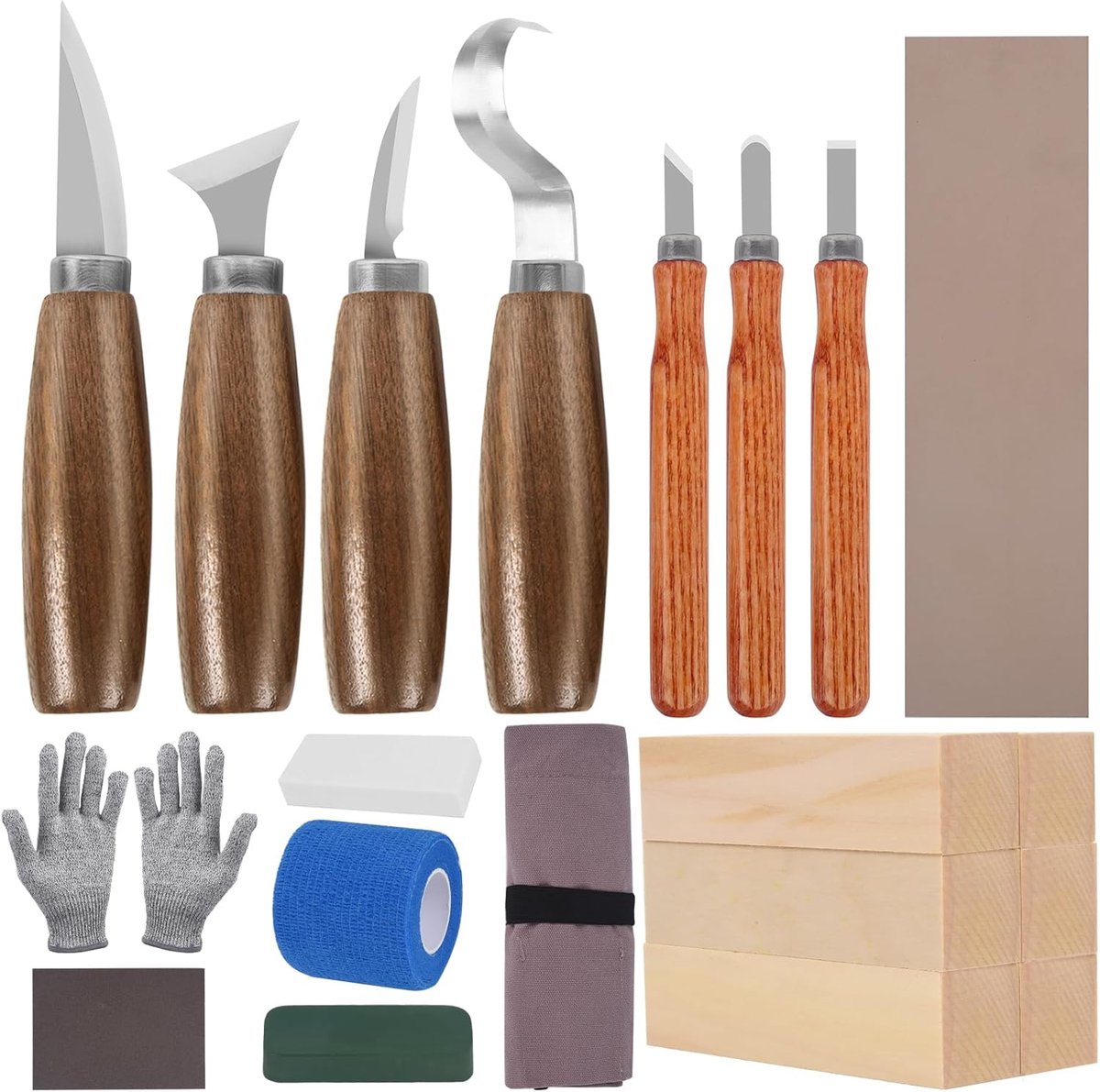 Houtsnijset, houtsnijgereedschapset, inclusief houtsnijmessen, precisiemessen, messenhouders en handschoenen, geschikt voor beginners, volwassenen en kinderen. Met het houtsnijgereedschap kunnen lepels en kommen worden gemaakt (20-delige set).