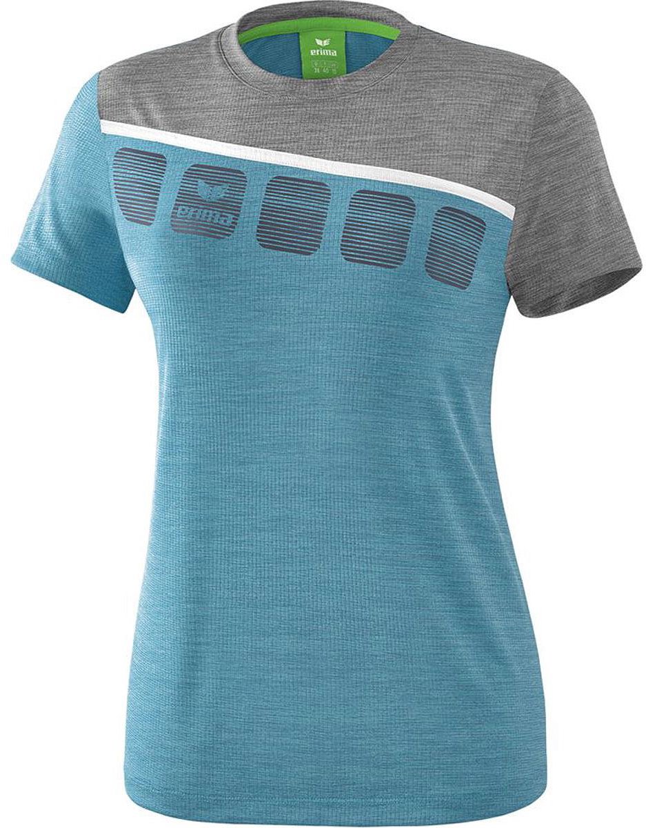Erima 5-C T-Shirt Dames - Oriental Blue Melange / Grey Melange / Wit | Maat: 34