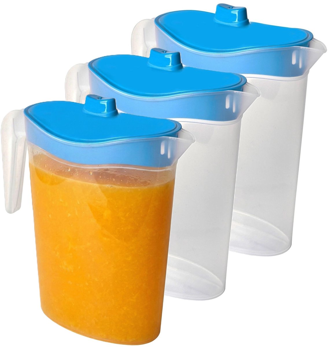 Waterkan/sapkan met afsluitbare deksel in blauw - 3x - 1,5 liter - kunststof - 9 x 21 cm - Compact formaat voor in koelkastdeur